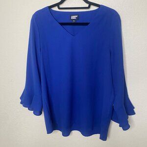 Lands End Womens Blue V-Neck Blouse Size 10 Long Bell Sleeves Made In Sri Lanka